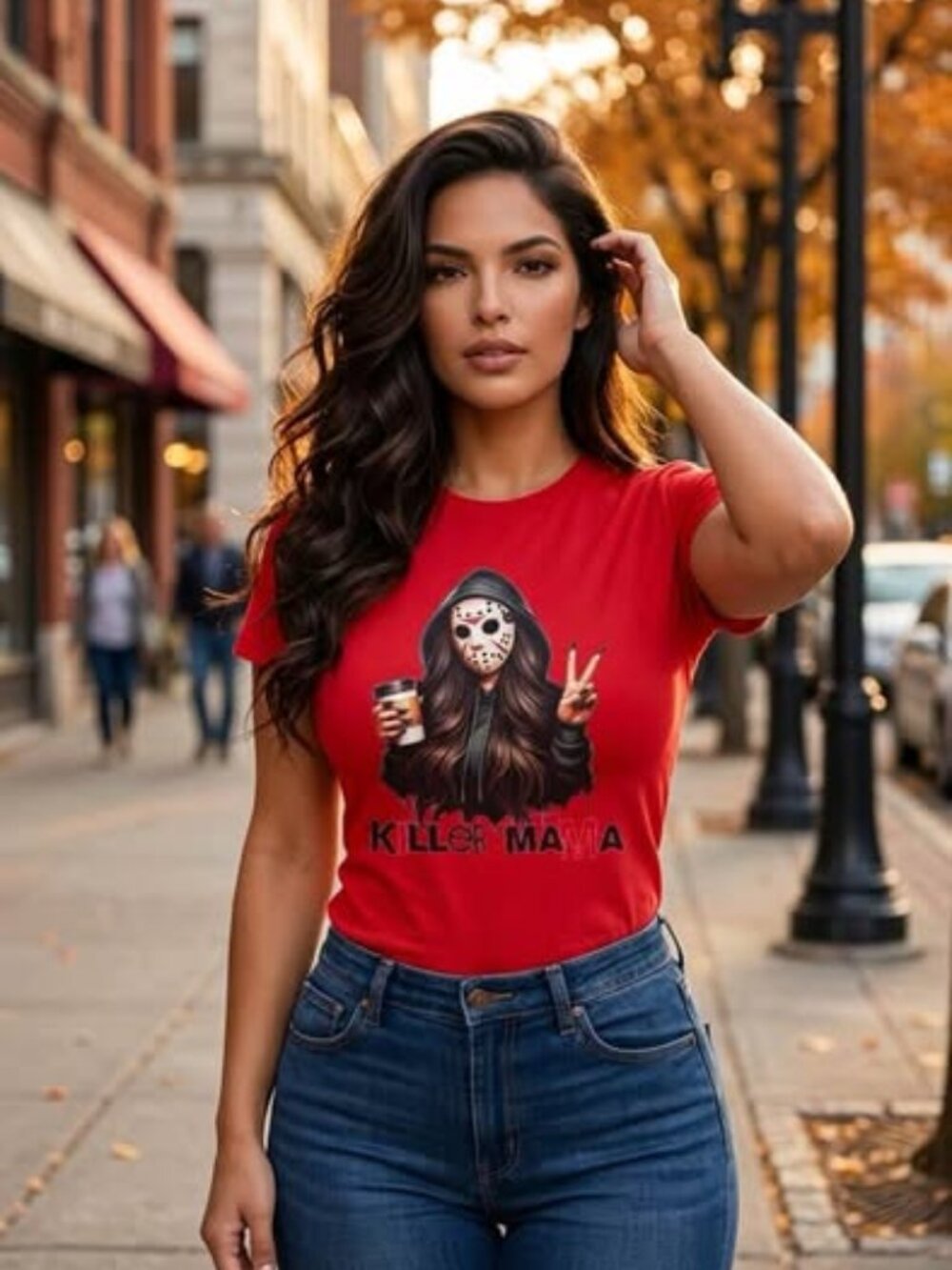 Killer Mama Jason Mask Horror Graphic T-Shirt Red Gildan Size M Handmade New